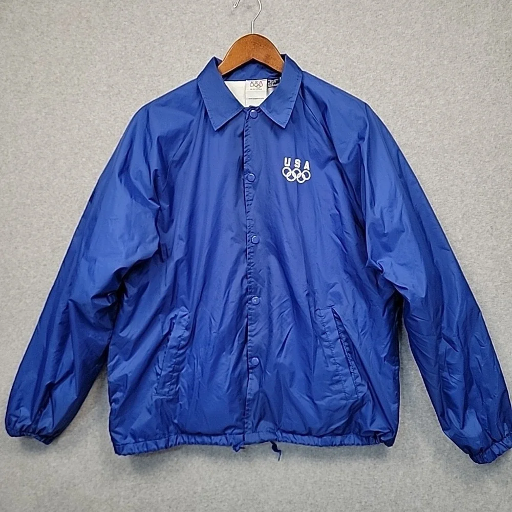 Vintage USA Olympics Team Track Blue Snap Up Jacket Windbreaker Men's M Pockets